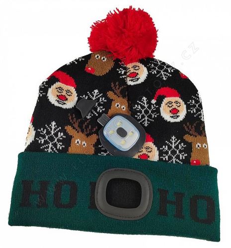 Beanie with pom-pom green-black, 4xSMD LED, USB charging, size L