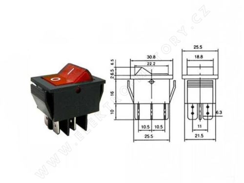 vypínač kolébkový ON-OFF 2pól. 250V/15A