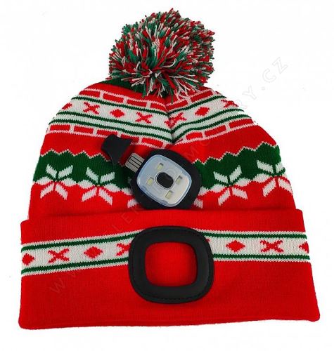 Pom pom cap red-green, 4xSMD LED, USB charging, size L